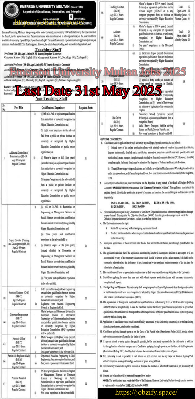 Latest Emerson University Multan Best Jobs 2025 – Online Application